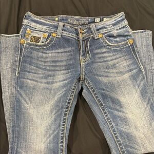 Miss Me Blue Boot Cut Jeans with Vintage Distressing